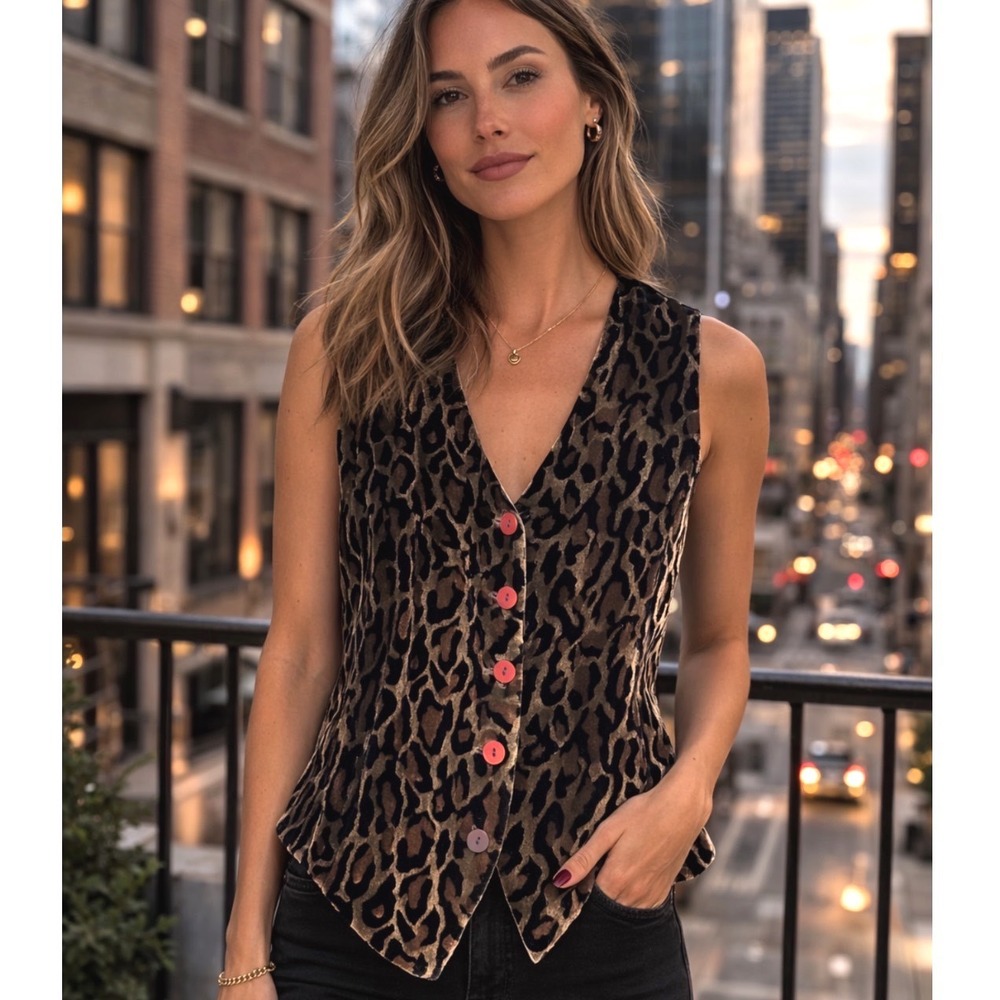 VTG 80's Sanctisilk Mulberry Silk Leopard Vest Med Velvety Grunge Whimsy Western